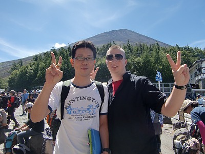 Sensei (left) and student; Mt. Fuji is in the background