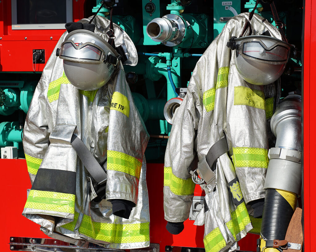 Japanese firefighter`s silver firefighting clothes