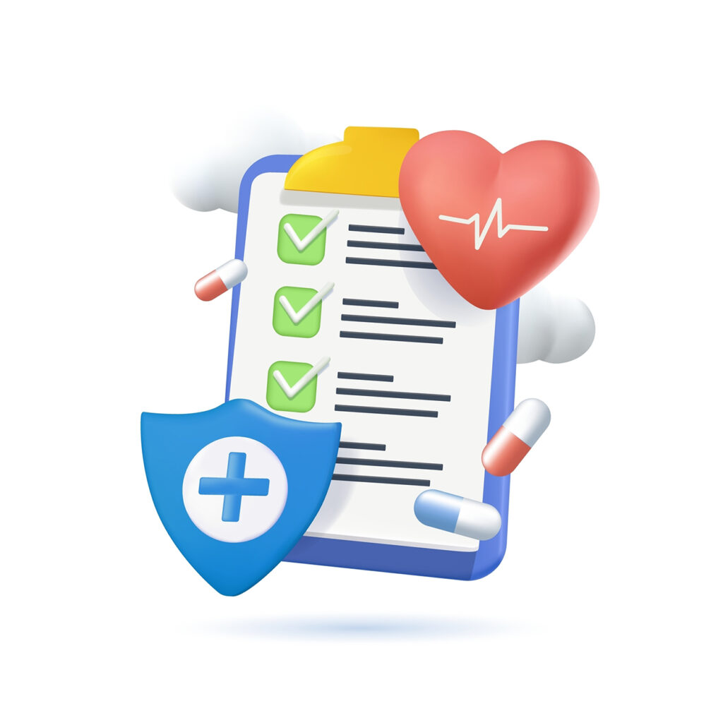 3D Health insurance icon concept. Life insurance, family health care protection. Big clipboard with document checklist. Healthcare, finance and medical service. Isolated vector illustration 3D cartoon